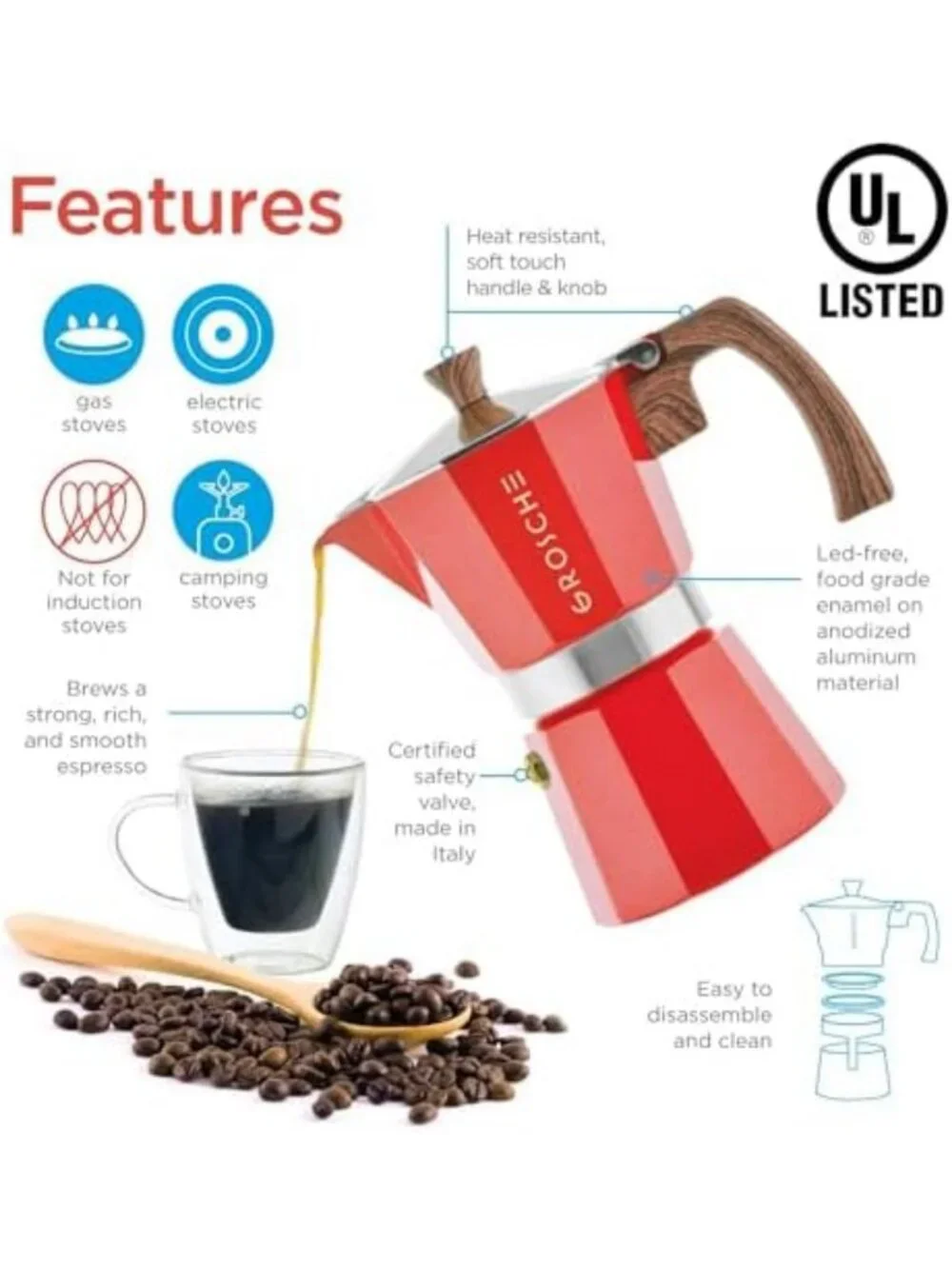 Stovetop Espresso Maker Moka Pot 6 Cup, 9.3 oz - Red Coffee Maker for Home